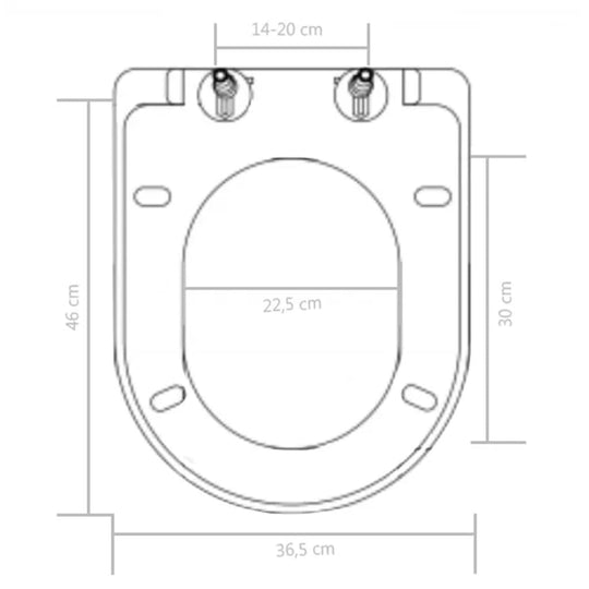 Diagram of a black soft-close toilet seat with dimensions for installation and quick-release features.