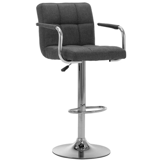 Dark grey fabric bar stool with chrome frame, perfect for outdoor living spaces and home furniture.