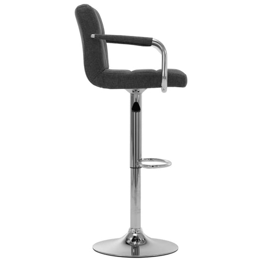 Dark grey fabric bar stool with chrome-plated base, ideal for outdoor and home patio furniture setups.