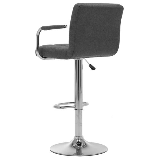 Dark grey fabric bar stool with chrome-plated steel frame, perfect for modern outdoor and patio furniture settings.