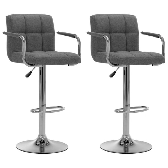 Set of 2 light grey fabric bar stools with chrome-plated steel frames, featuring padded seats and adjustable heights for outdoor furniture.