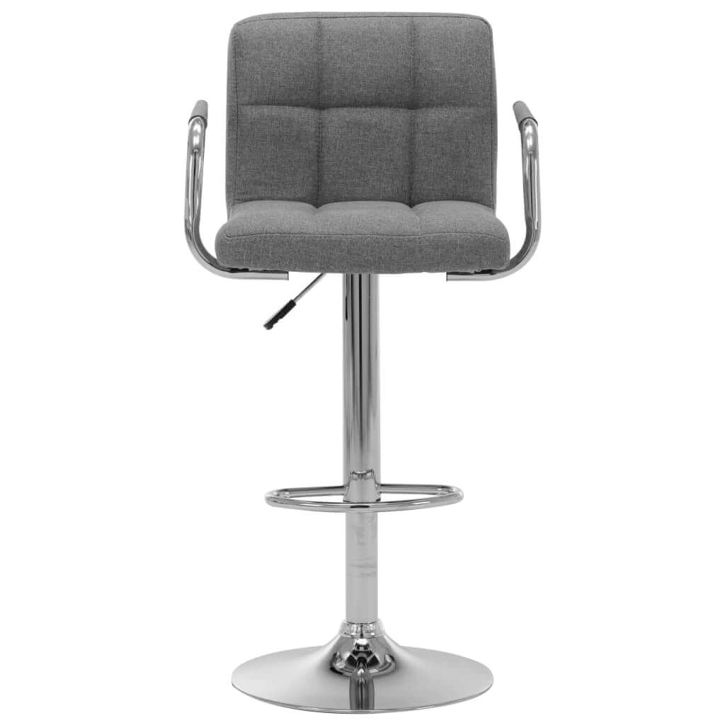 Bar stool set in light grey fabric with chrome base, perfect for outdoor patios and contemporary home furniture.