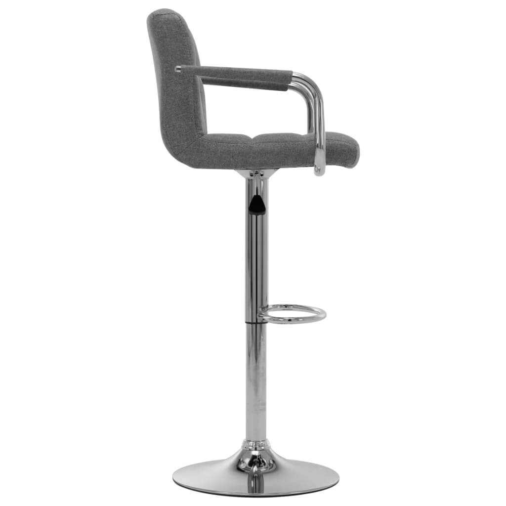 Light grey fabric bar stool with chrome-plated steel frame and padded seat, ideal for contemporary interiors and outdoor furniture use.