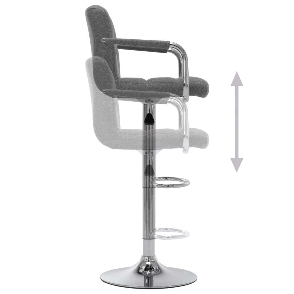 Adjustable light grey fabric bar stool with chrome-plated steel frame and footrest, ideal for contemporary interiors.