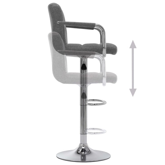 Adjustable light grey fabric bar stool with chrome-plated steel frame and footrest, ideal for contemporary interiors.