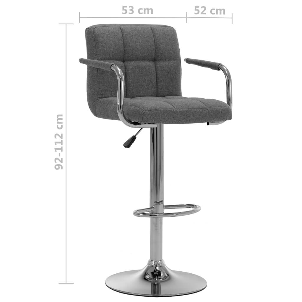 Light grey fabric bar stool with chrome-plated frame, adjustable height, and comfortable padded seat, ideal for modern decor.