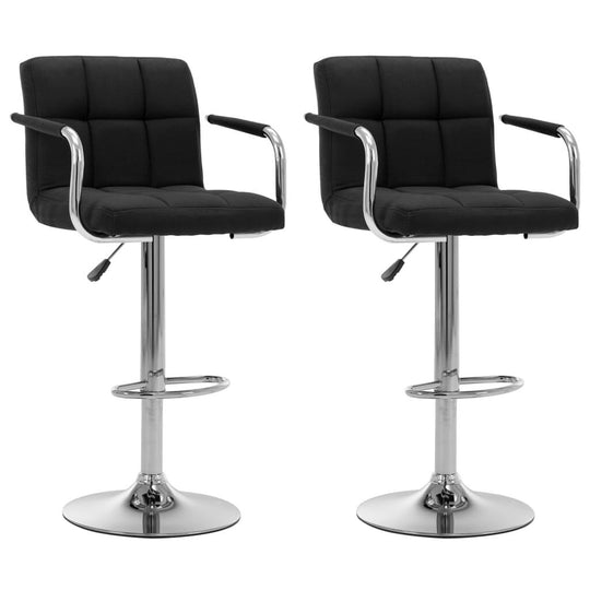 Set of 2 black fabric bar stools with chrome-plated steel frames, ideal for outdoor and home patio furniture use.