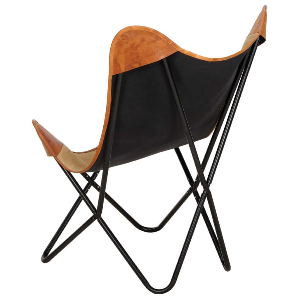 Butterfly Chair – Real Leather & Canvas Lounge Seat showcasing the back view with black canvas and leather accents.