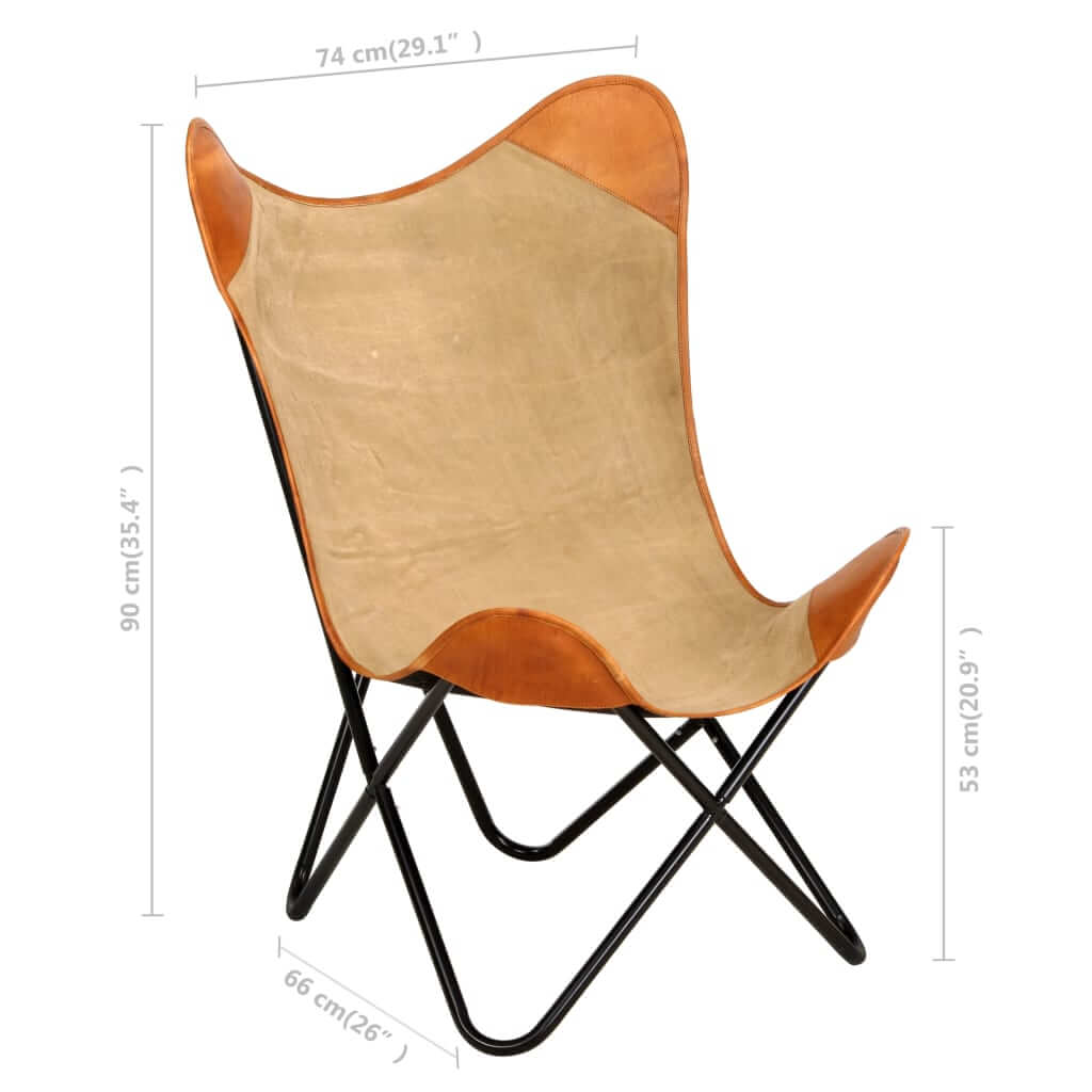 Butterfly Chair – Real Leather & Canvas Lounge Seat dimensions showing classic design and ergonomic structure.