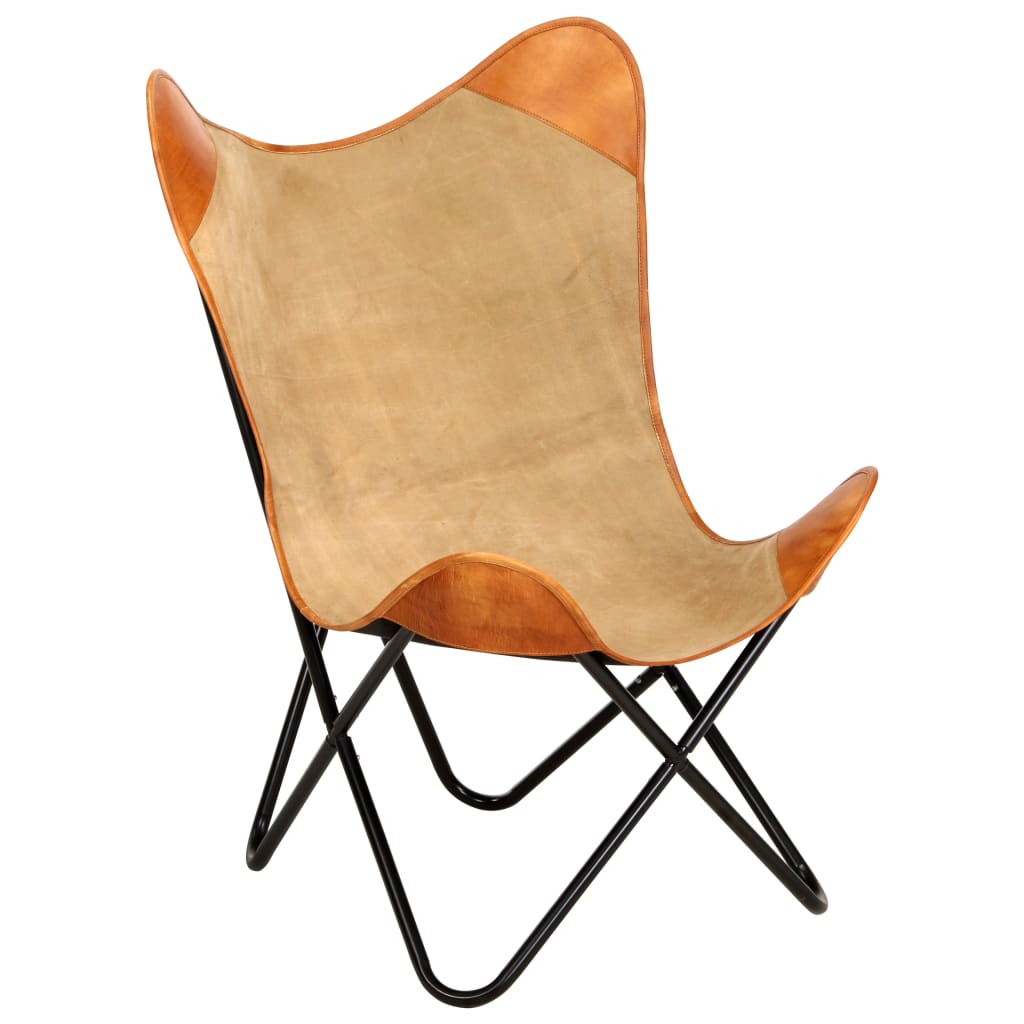 Butterfly Chair – Real Leather & Canvas Lounge Seat - Vintage-style ergonomic design with leather and canvas materials.