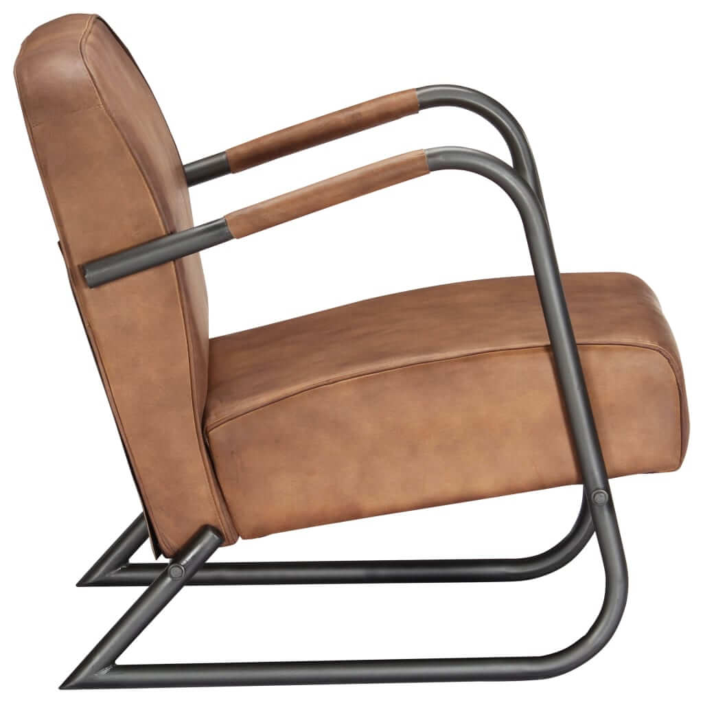 Light brown real leather armchair with metal frame for outdoor patio or home furniture, perfect for garden set and outdoor living space.