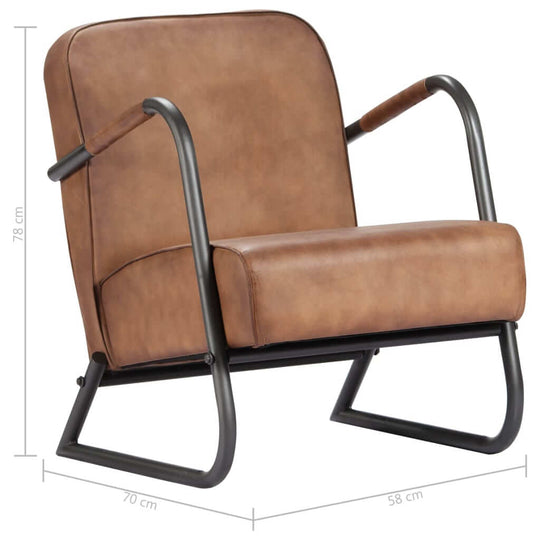 Light brown real leather armchair with black metal frame, ideal for home or patio furniture, enhancing outdoor or indoor spaces.