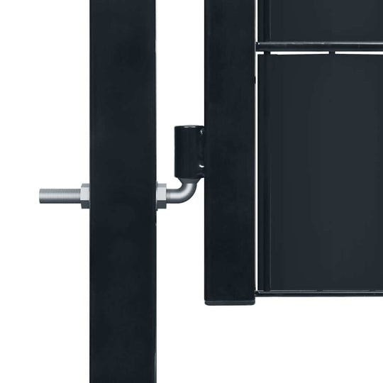 Close-up of PVC and steel fence gate hinge, showcasing durable construction for enhanced security and stability.