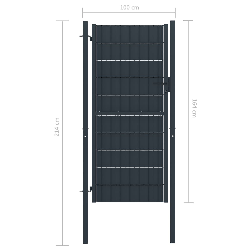 Fence gate dimensions 100x164 cm, made of PVC and steel in anthracite, ideal for garden or patio entryway.