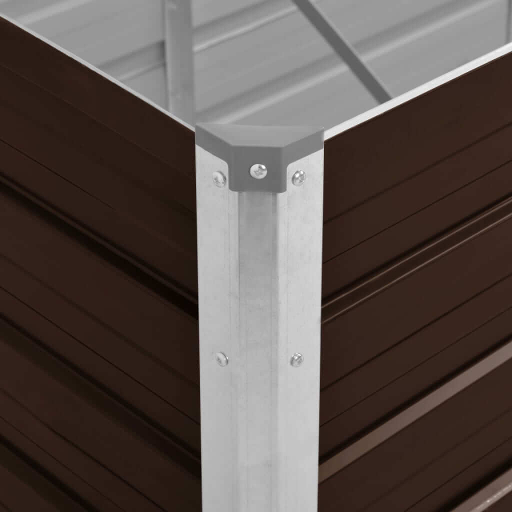 Close-up of galvanized steel corner joint of a brown metal garden raised bed, showcasing durability and construction quality.