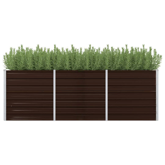 Brown galvanised steel garden raised bed with green herbs, ideal for DIY gardening, balconies, and patios.