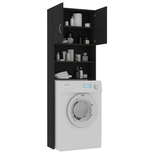 Black washing machine cabinet with open shelves and doors, perfect for bathroom storage and organization.