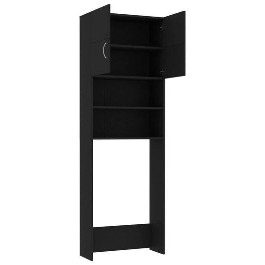 Black washing machine cabinet with 2 doors and open compartments for bathroom storage, made of durable engineered wood.