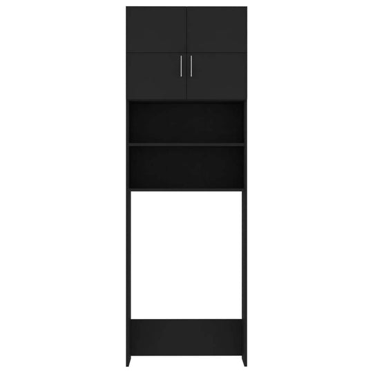 Black washing machine cabinet 64x25.5x190 cm with 2 doors and open compartments for bathroom storage.