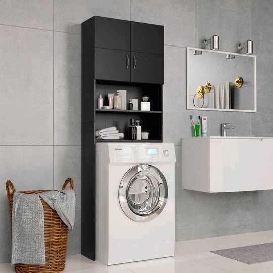 Washing machine cabinet in black engineered wood, featuring storage compartments and sleek design in a modern bathroom setting.