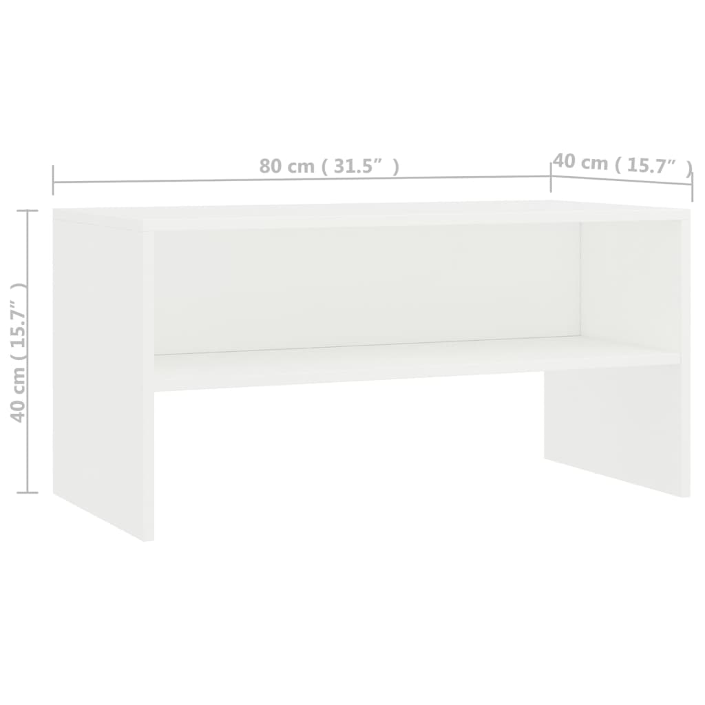 White TV cabinet made of engineered wood, measuring 80x40x40 cm, featuring an open compartment for storage.