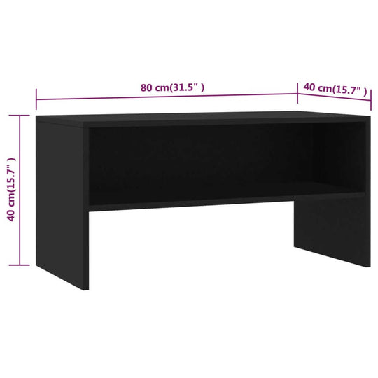 TV cabinet 80x40x40 cm, engineered wood with open compartment for storage, shown with dimensions labeled in cm and inches.