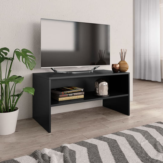 TV Cabinet 80x40x40 cm in engineered wood with open compartment for storage, placed in a stylish living room setting with a TV on top.