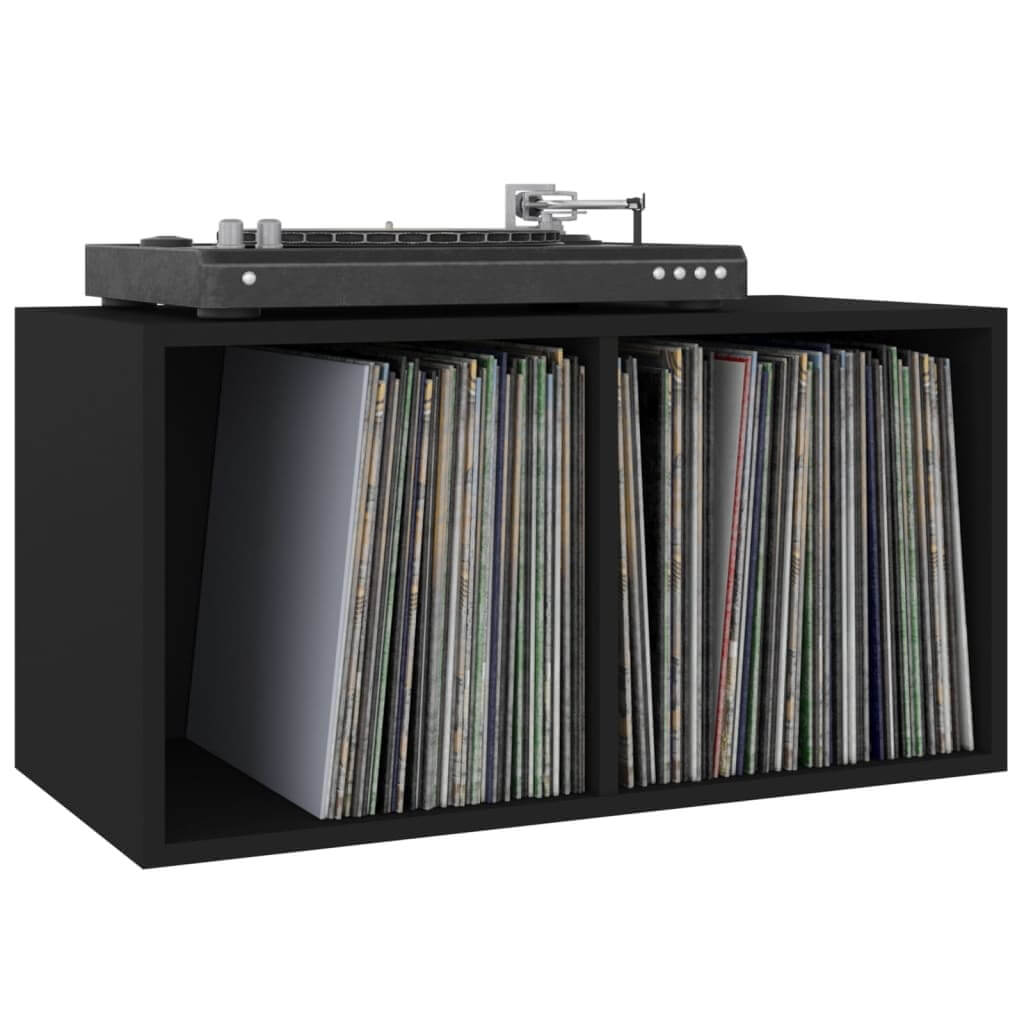 Vinyl storage box in black with records and turntable, perfect for stylish and practical music organization. مفروشات أثاث.