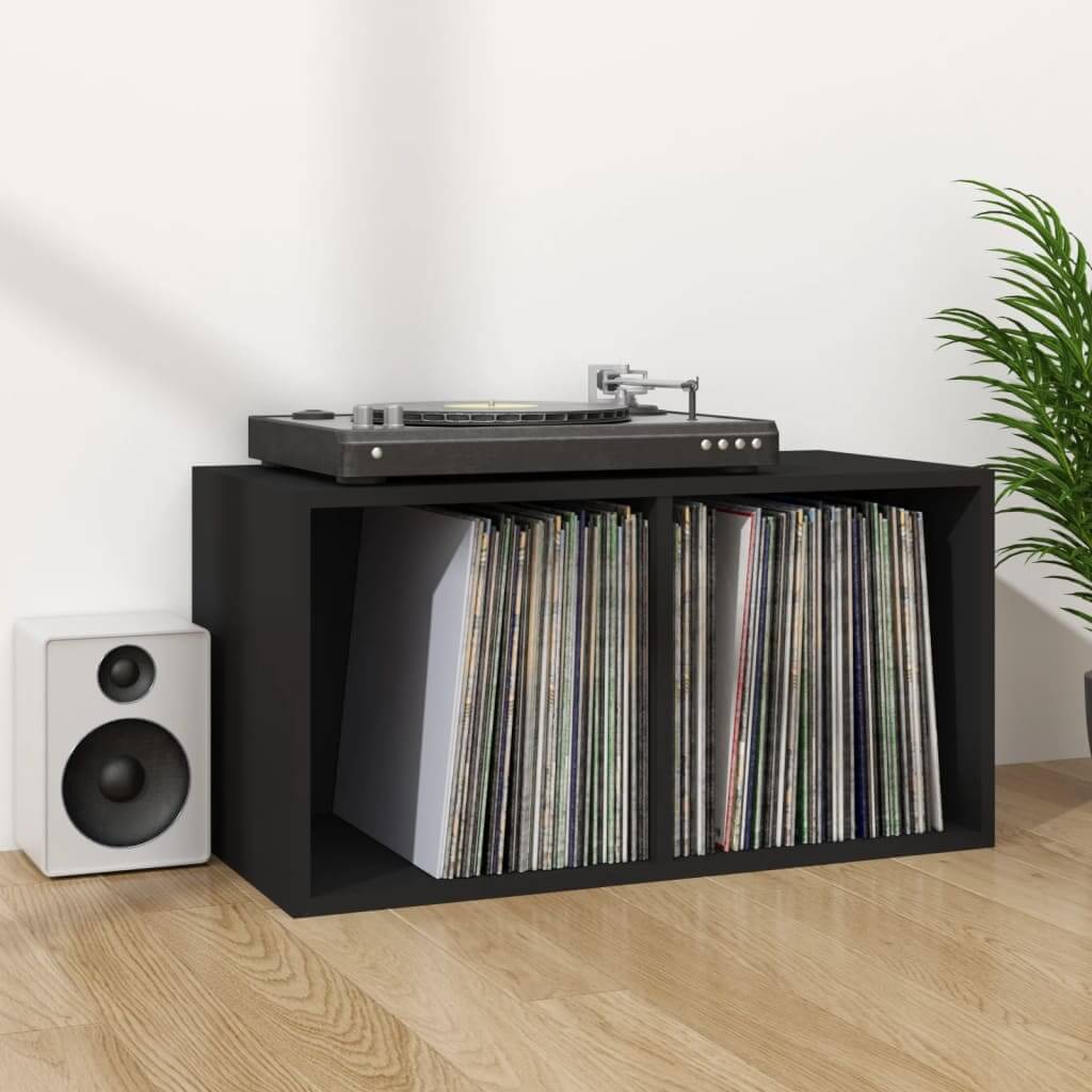 Vinyl storage box in black with records and turntable, stylish and practical storage solution for music collection.