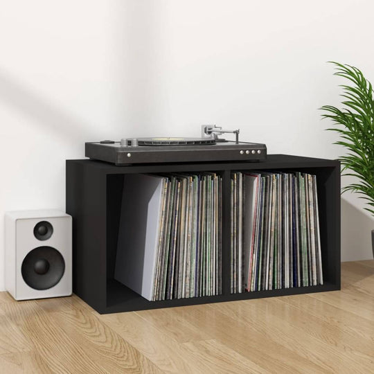 Vinyl storage box in black with records and turntable, stylish and practical storage solution for music collection.