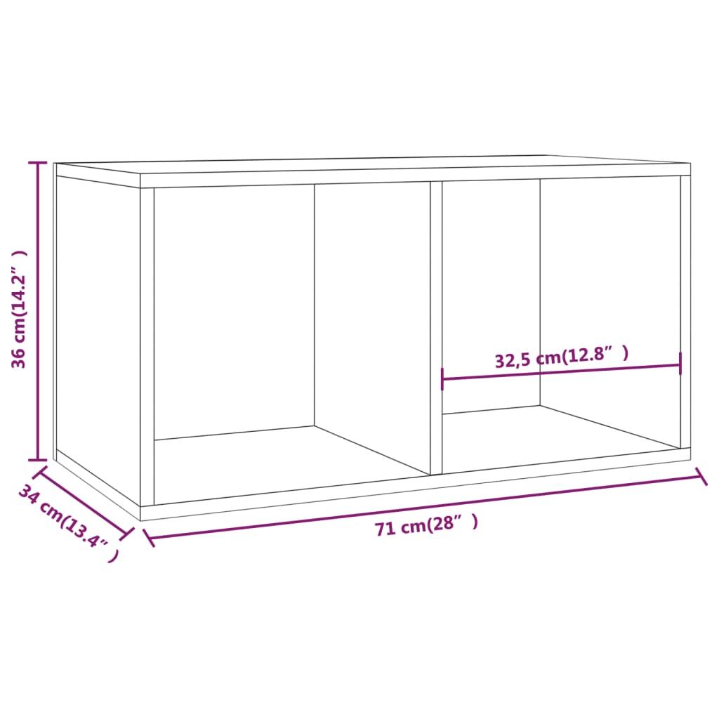 Vinyl storage box dimensions 71x34x36 cm, engineered wood design with two compartments for organized record storage.