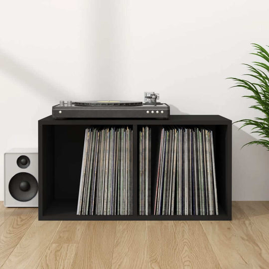 Vinyl storage box in black with records, turntable, and speakers, ideal for music lovers and furniture enthusiasts.