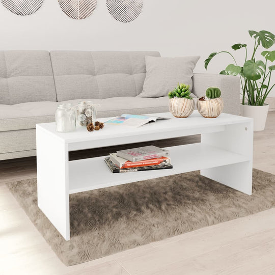 Stylish white coffee table with shelf in modern living room, perfect for home decor and organization.