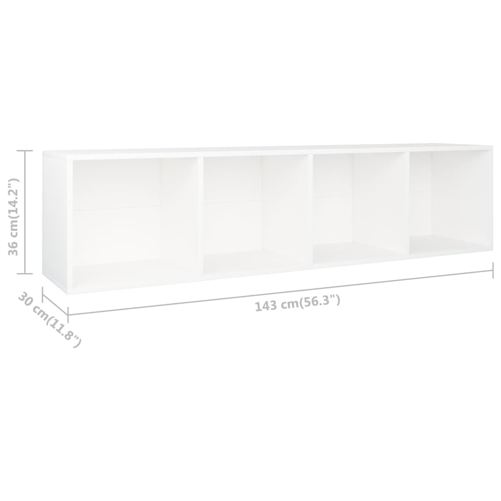 White book cabinet with four compartments, measuring 36x30x143 cm, made of engineered wood for durability.