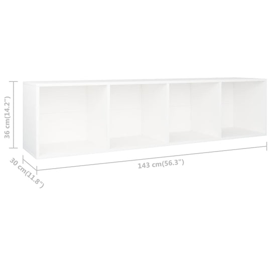 White book cabinet with four compartments, measuring 36x30x143 cm, made of engineered wood for durability.