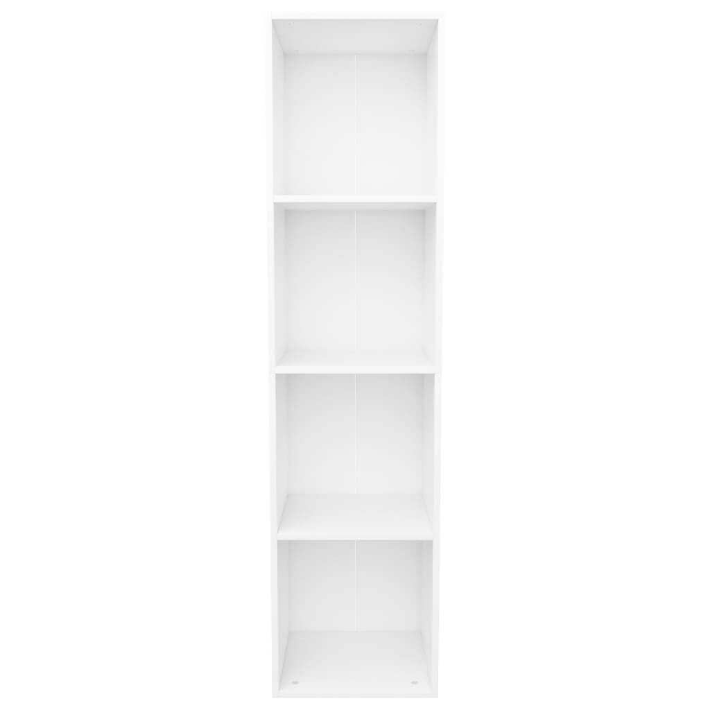 White book cabinet with four compartments for organized storage of books and multimedia, made of sturdy engineered wood.