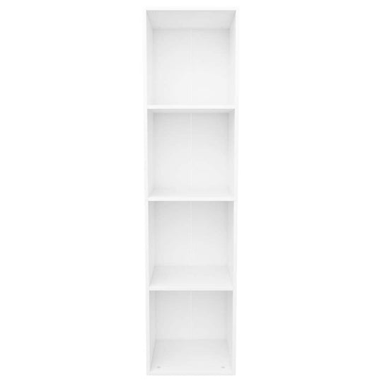 White book cabinet with four compartments for organized storage of books and multimedia, made of sturdy engineered wood.