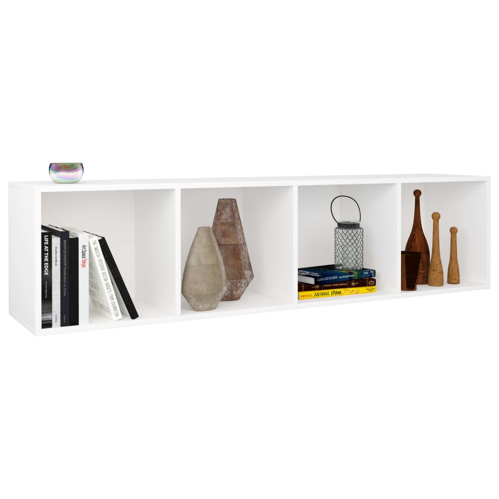 White book cabinet with four compartments showcasing books and decorative vases, ideal for organized storage and style.