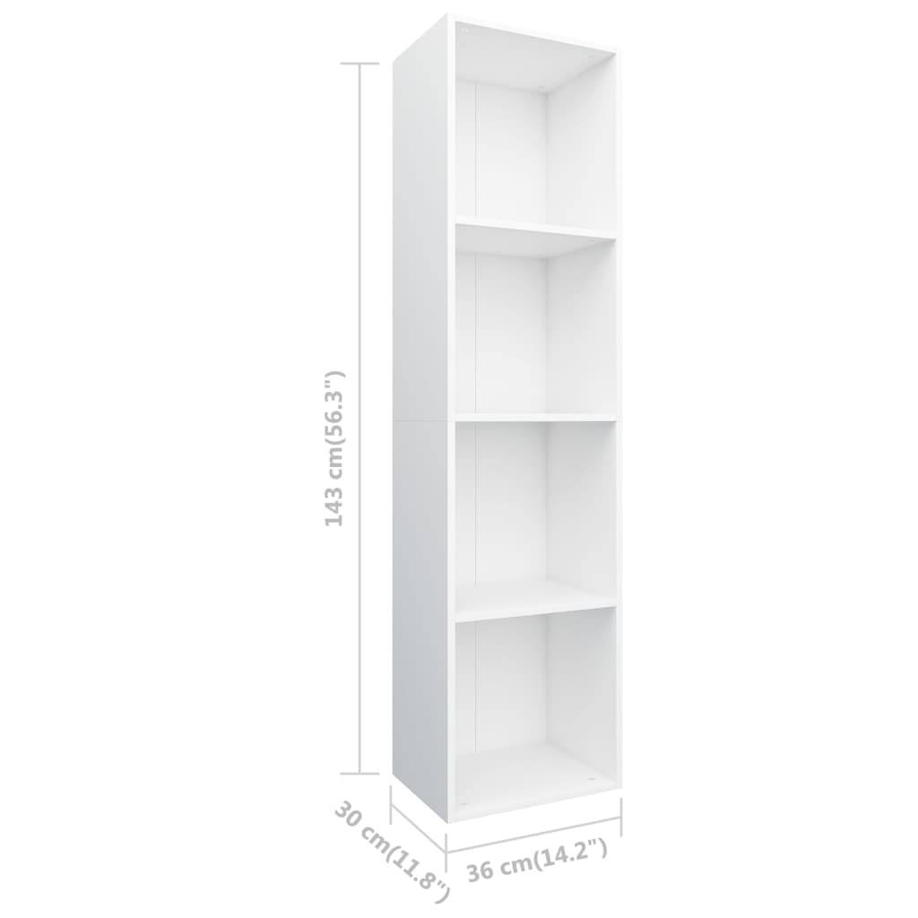 White book cabinet with four compartments, dimensions 36x30x143 cm, made of durable engineered wood.