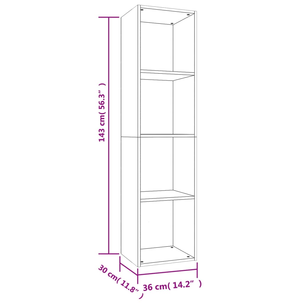 Dimensions of a Sonoma Oak book cabinet with 4 compartments, measuring 36x30x143 cm, ideal for organized storage.