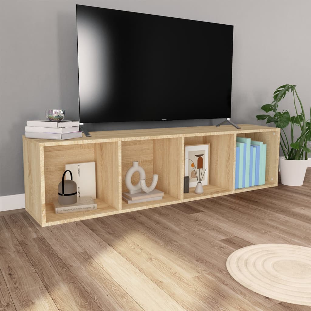 Modern Sonoma Oak TV cabinet with four compartments, ideal for storage of books and media devices, enhancing your home decor.