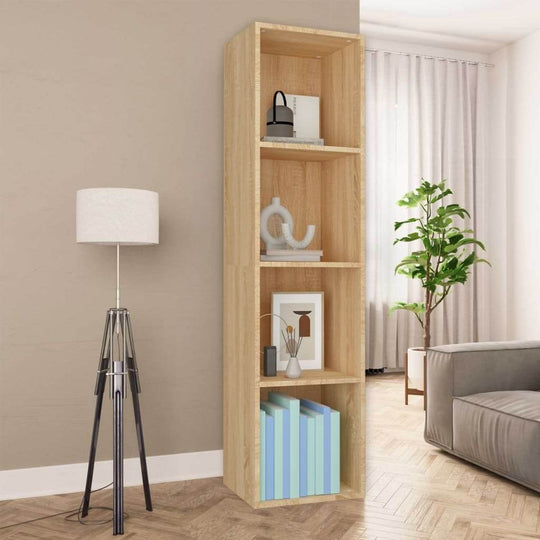 Sleek Sonoma oak book cabinet with 4 compartments, ideal for organizing books and decor in modern living spaces.