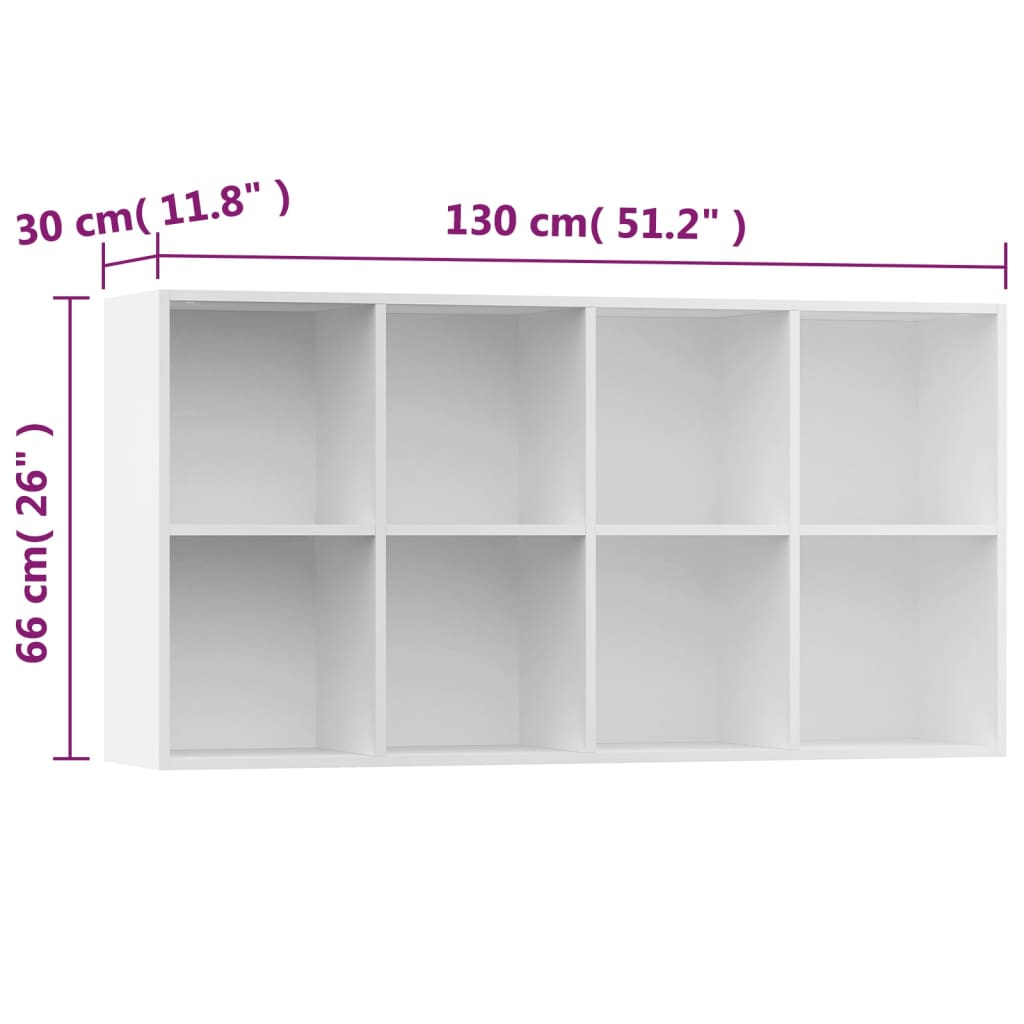 Book cabinet in white engineered wood with 8 compartments, dimensions 66x30x130 cm, ideal for organizing books and multimedia.