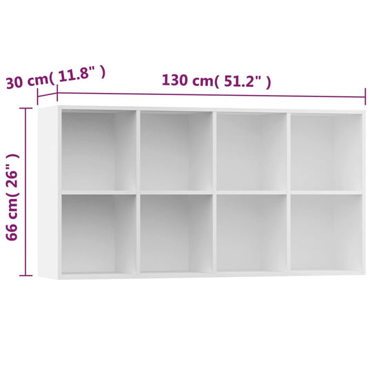 Book cabinet in white engineered wood with 8 compartments, dimensions 66x30x130 cm, ideal for organizing books and multimedia.