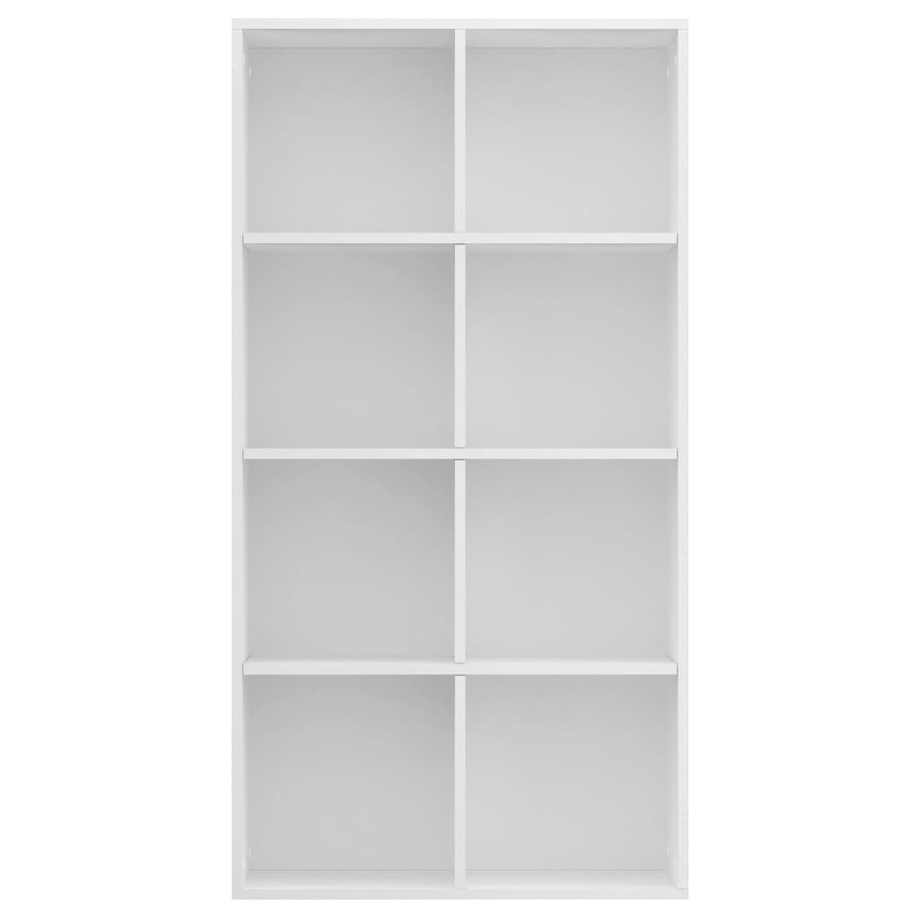 White book cabinet with eight compartments for organized storage, ideal for magazines and multimedia devices.