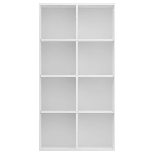 White book cabinet with eight compartments for organized storage, ideal for magazines and multimedia devices.