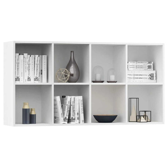 White engineered wood book cabinet with 8 compartments, perfect for organizing books, decor, and multimedia items.