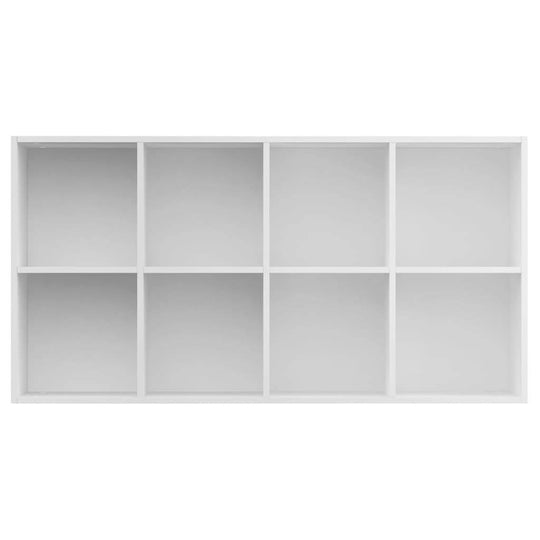 White book cabinet with 8 compartments, providing stylish storage for books and multimedia in engineered wood.