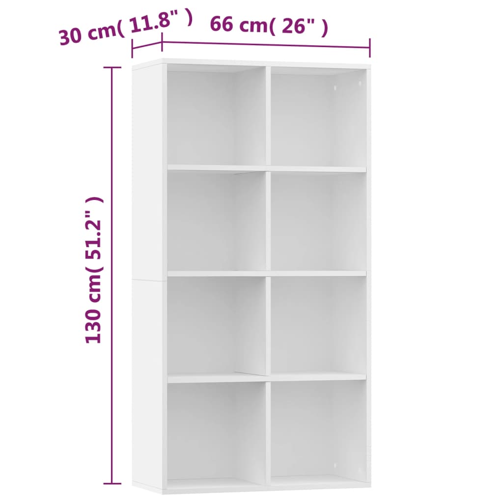 White book cabinet with 8 compartments, dimensions 66x30x130 cm, made of sturdy engineered wood for organized storage.