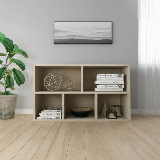 Modern Sonoma Oak book cabinet with 5 compartments, stylish decor, and plants in a bright living room setting.